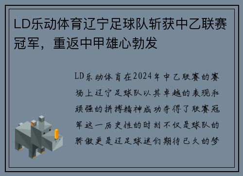 LD乐动体育辽宁足球队斩获中乙联赛冠军，重返中甲雄心勃发