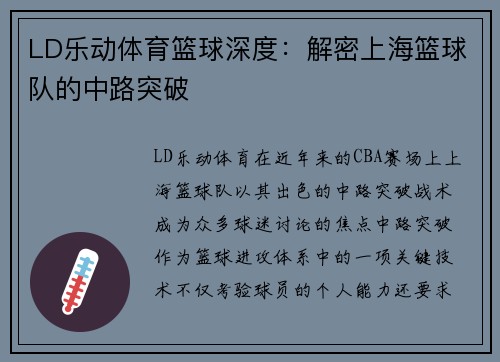 LD乐动体育篮球深度：解密上海篮球队的中路突破