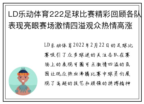 LD乐动体育222足球比赛精彩回顾各队表现亮眼赛场激情四溢观众热情高涨