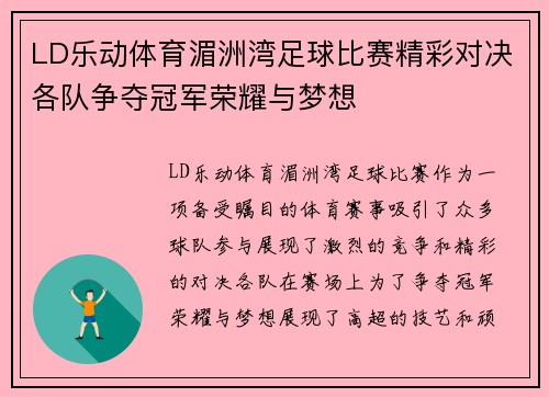 LD乐动体育湄洲湾足球比赛精彩对决各队争夺冠军荣耀与梦想