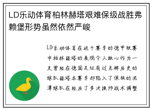 LD乐动体育柏林赫塔艰难保级战胜弗赖堡形势虽然依然严峻
